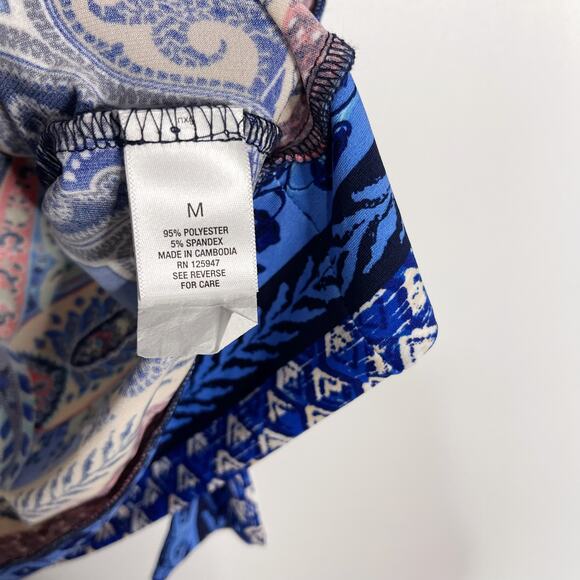 Roz & Ali Womens Medium M Blue White Paisley Printed Scoop Neck Tie Waist Blouse - Picture 8 of 9